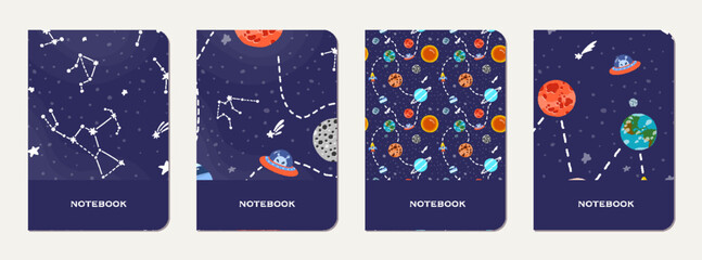 Wall Mural - school notebook cover design with cartoon galaxy.