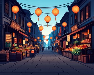 Street Market Twilight A lowangle perspective of a bustling street lined with shops and glowing red lanterns capturing a vibrant cityscape at dusk