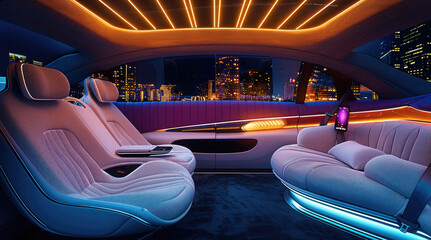 a self-driving car interior designed as a luxurious private lounge, featuring soundproof walls, plus