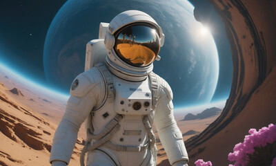 Wall Mural - an astronaut walks on an alien planet, taking in the view of a blue planet in the distance