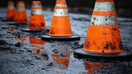 Traffic cones line a muddy road, their reflections visible in puddles from recent rain