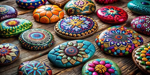 Vibrant colored stones with intricate designs and patterns, arranged on a rustic wooden table, Waiting to be