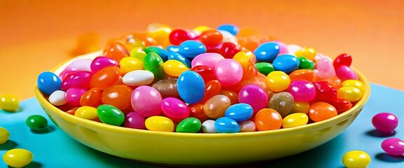 A bright and colorful assortment of jelly beans piled high in a yellow bowl, set against a vibrant orange background. This cheerful image is ideal for concepts of candy, fun, and celebrations.