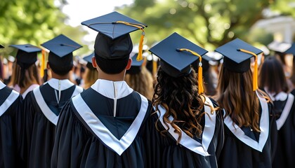 Celebration of success on commencement day with graduates in gowns and caps proudly facing forward