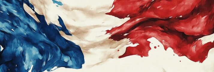 A vibrant watercolor painting of the French flag, depicting the blue, white, and red stripes in a dynamic and flowing motion, symbolizing freedom, equality, and fraternity.