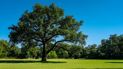 A majestic oak tree standing tall in a serene park, surrounded by vibrant green grass and a clear blue sky,No blurriness