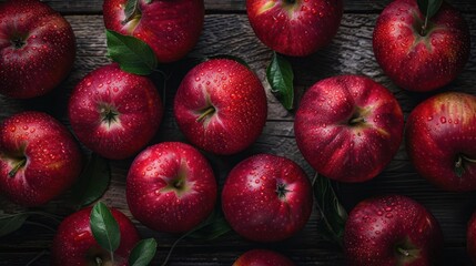 vibrant red apples glistening with dew drops arranged in a spiral pattern on rustic wooden surface dramatic lighting highlights glossy skin and crisp leaves