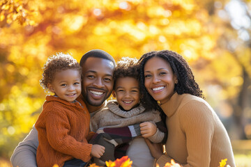 Wall Mural - A family of four, two adults and two children, are posing for a photo in a park