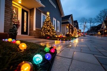 A street lined with glowing Christmas lights, with homes decorated from rooftop to sidewalk in festive colors