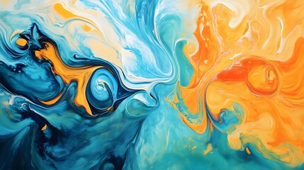 A vibrant abstract painting featuring swirling colors of blue and orange, set against a light solid color background, perfect for modern decor,No blurriness