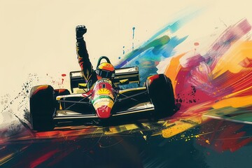 Wall Mural - victorious race car driver silhouette celebrating win grand prix event digital art illustration dynamic composition