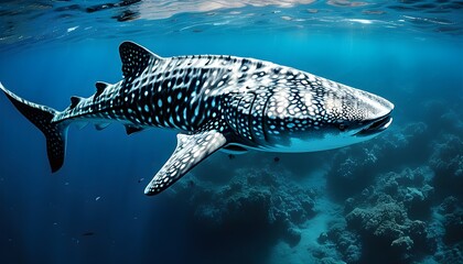 Majestic whale shark gliding through deep blue ocean, showcasing stunning spot patterns amidst vibrant coral reefs and aquatic life