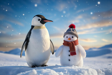 Friendly penguin and cheerful snowman standing together in the snow under a beautiful sky