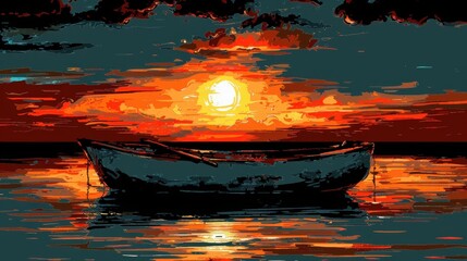 Wall Mural - boat at sunset, drawing, brush strokes, illustration, wallpaper, background