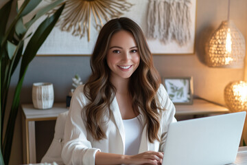 Wall Mural - A woman with long brown hair is sitting at a desk with a laptop