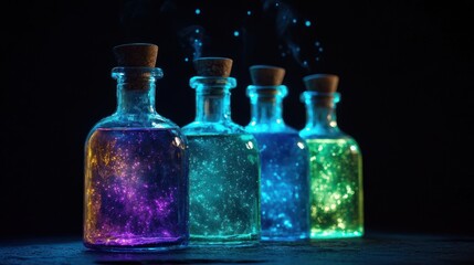 Wall Mural - Four glowing potion bottles with vibrant colors and swirling effects against a dark background.