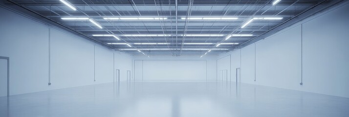 An empty industrial warehouse with white walls and a grid of fluorescent lights in the ceiling. The space is clean, bright, and ready for any business. The large