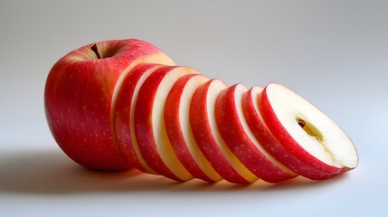 5. An apple sliced into thin, crisp rings, with the bright red skin and white flesh clearly visible on a white background