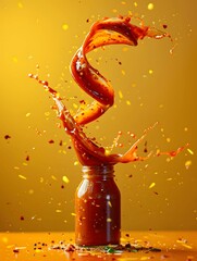 Vibrant Splash of Hot Sauce Against a Fiery Yellow Background