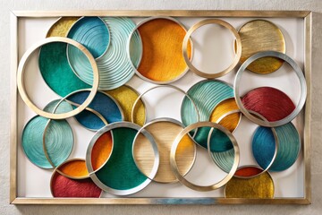 Vibrant, modern abstract art piece featuring a collage of overlapping circular frames in metallic tones, set against a