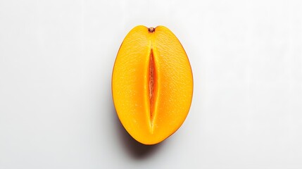 8. A sliced mango showing the vibrant orange flesh and distinct pit, set against a pristine white background