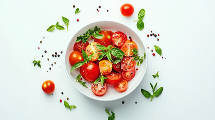 tomatoes basil salad food freshness vegetables ingredients healthy organic red round nature culinary rustic vibrant colorful close-up plate herbs garnishing 