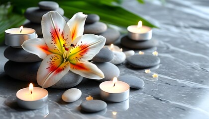 Sticker - Tranquil lily arrangement with spa stones, white candle, and flowers on marble table for a serene relaxation experience