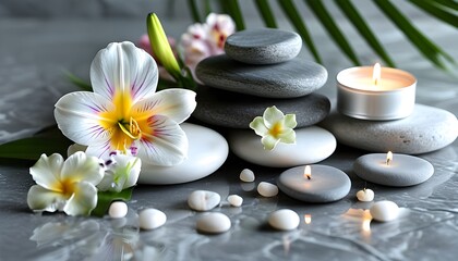 Wall Mural - Tranquil lily arrangement with spa stones, white candle, and flowers on marble table for a serene relaxation experience