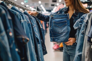 Wall Mural - woman shopping denim jeans in a clothing store Woman in mid 30s goes shopping for denim jeans in a mall or a clothing store.