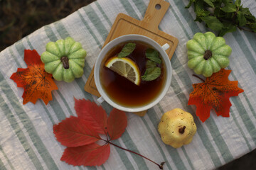 healthy healing vitamin tea. autumn picnic with tea in nature. in a white cup tea with citrus fruits and additives for relaxation. pumpkins and autumn leaves around