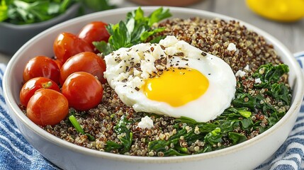 Canvas Print -   A bowl of eggs, spinach, tomatoes, and spinach on a blue towel