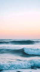 Wall Mural - A tranquil seascape with waves rolling in, framed by a soft gradient light solid color background,No blurriness