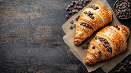 Two freshly baked croissants filled with chocolate chips, placed on rustic parchment paper with scattered chocolate chips, symbolizing indulgence, breakfast, pastry, sweetness, and French cuisine.