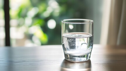 Wall Mural - A clear glass of fresh drinking water placed on a textured wooden table, with natural light streaming in from a nearby window,No blurriness