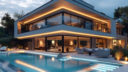 Poster - A stylish and modern house with white LED lighting, offering a view of a swimming pool. Generative AI.