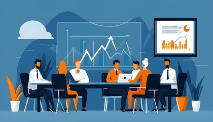 Dynamic Business Collaboration: Meeting Table with Growth Charts and Arrow Graph on Blue Background in Flat Design Style