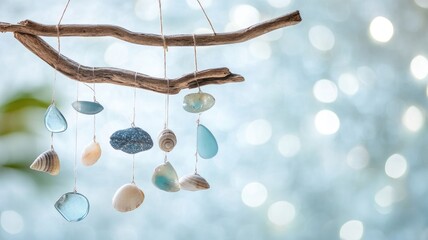 A delicate driftwood mobile decorated with sea glass and shells, gently swaying in the breeze.