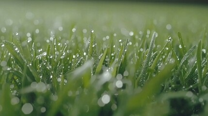 Sticker -   A close-up of dewed grass blades with droplets on their tips and base