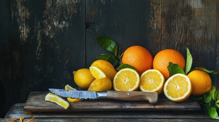 Oranges and lemons sliced on a wooden board with a rustic knife, highlighting natural textures.