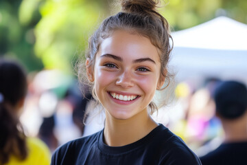 Wall Mural - A young woman with a ponytail is smiling and wearing a black shirt