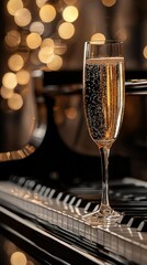 Sticker -   A glass of champagne sits atop a piano, surrounded by holiday cheer with a Christmas tree and light in the background