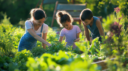 A woman and two children are in a garden, looking at plants