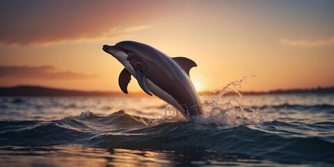 a glowing dolphin leaping from the waves in a glowing sea at twilight.