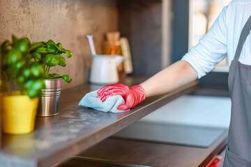 Wall Mural - Housewife wipes dust shelf with a rag at living room Housewife wipes dust shelf with a rag at living room