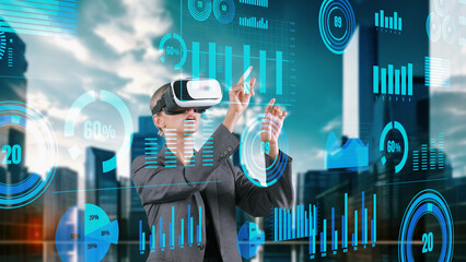 Wall Mural - Businesswoman user moving big data selecting dynamic market stock graph monitor by VR future global innovation interface digital infographic network technology visual hologram animation. Contraption.