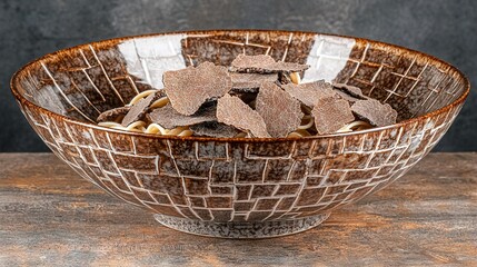 Poster -   A bowl of food on a wooden table against a black wall