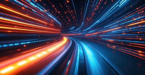 High speed light with blue and orange stripes, this abstract, futuristic technological concept features motion blur and fast forward timeline background