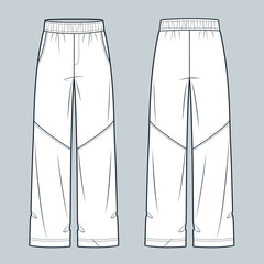 Poster - Jogger Pants fashion flat technical drawing template. Wide Leg Pants technical fashion illustration, elastic waistband, pockets, front and back view, white, women, men, unisex CAD mockup.