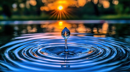 Poster -   A close-up of a water droplet against a sunset background with trees in the distance