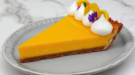 Sticker -   A white plate holds a cheesecake sliced and covered in whipped cream, garnished with purple and yellow flowers